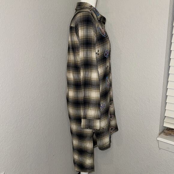 Miss Me Vintage Shirt Dress Women’s Small Brown Black Plaid Embroidered Beaded - Picture 4 of 11